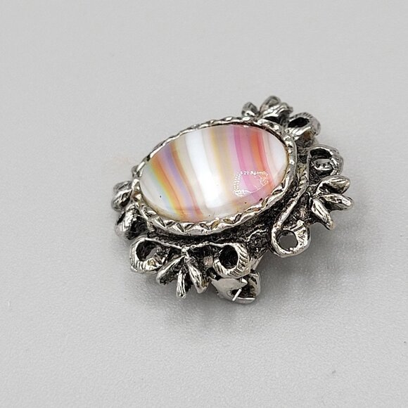 Womens Multi Band Agate Brooch Pin Silver Tone Filigree Work Accent Size 1"x1" - Picture 3 of 7